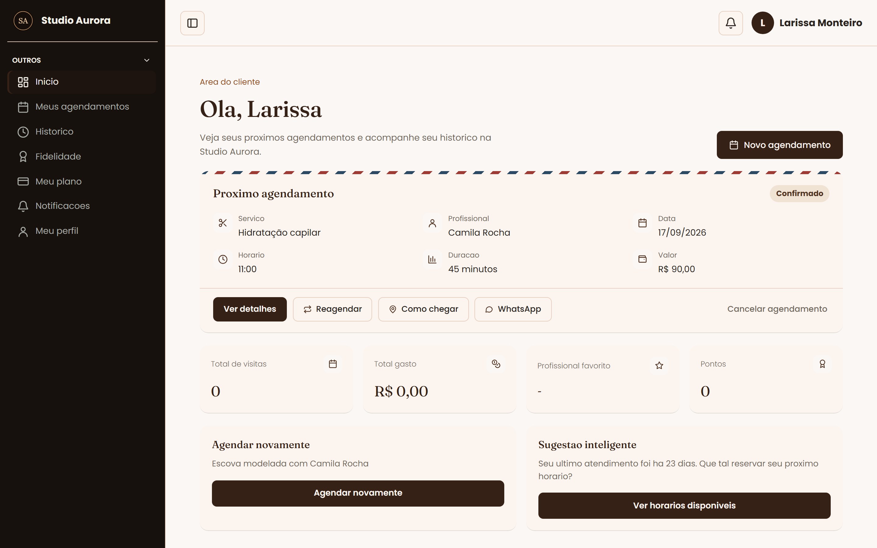 Área do cliente com próximo agendamento, reagendar e como chegar