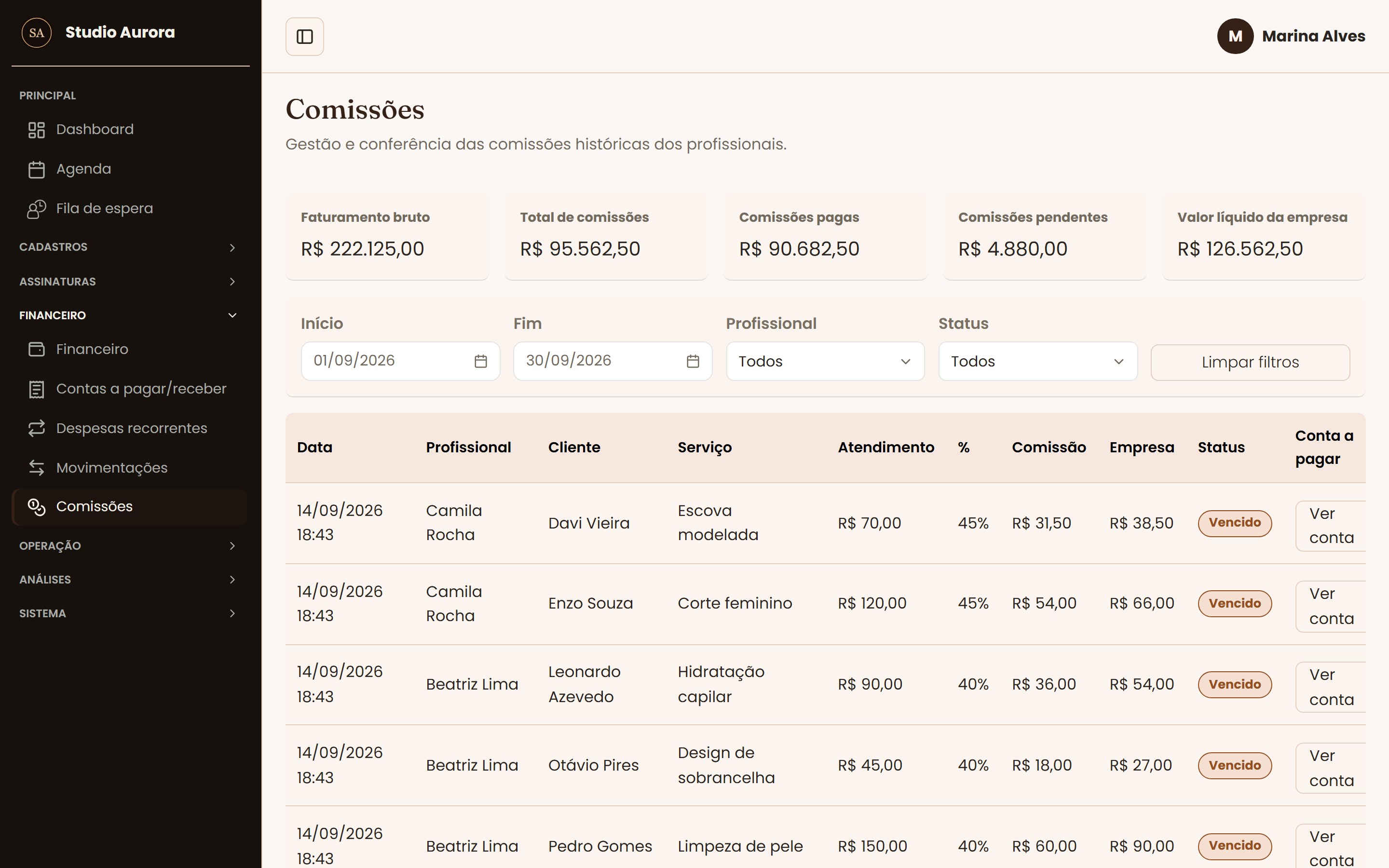 Tela Comissões do sistema de gestão HL Gestão