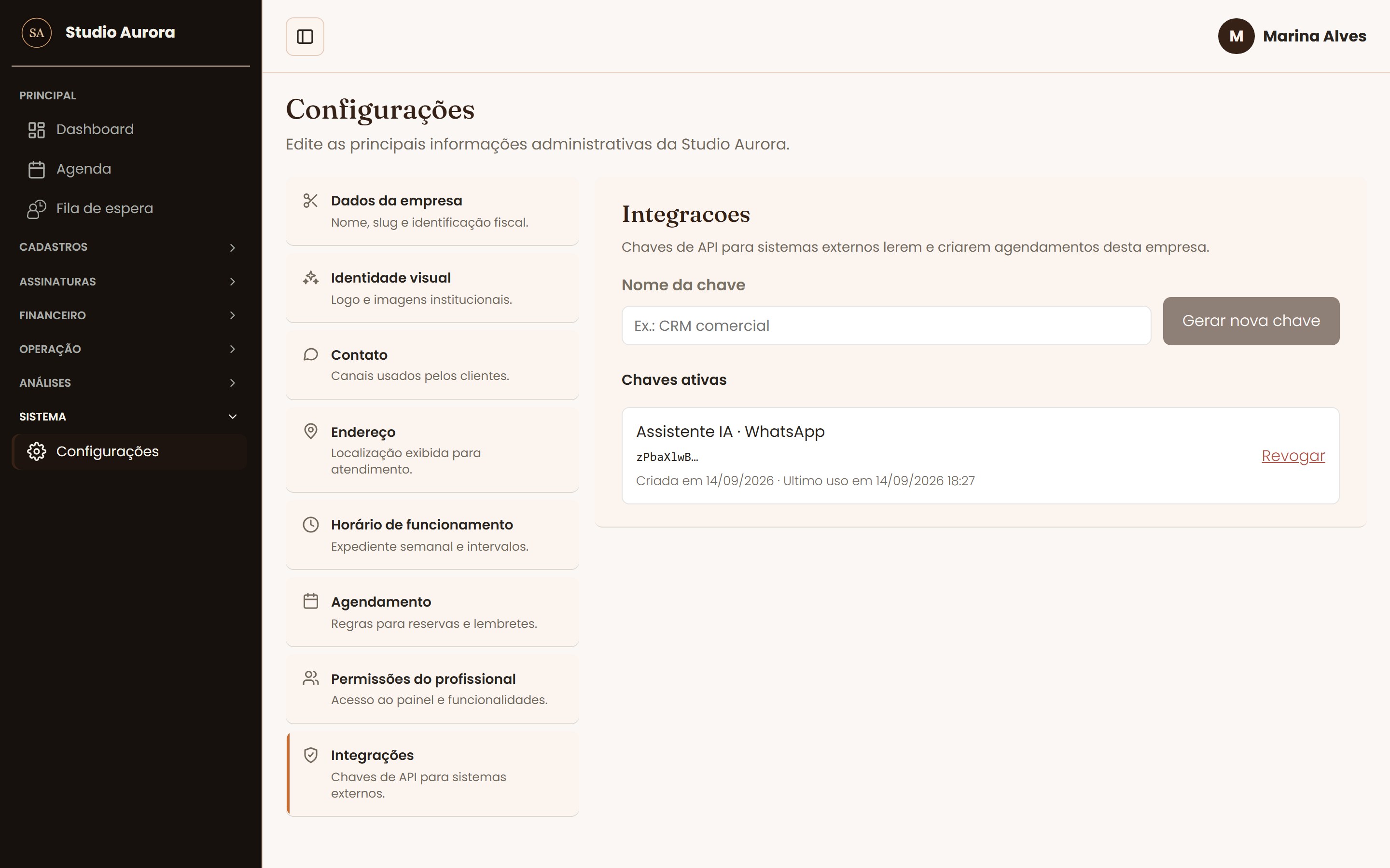 Tela Configurações do sistema de gestão HL Gestão