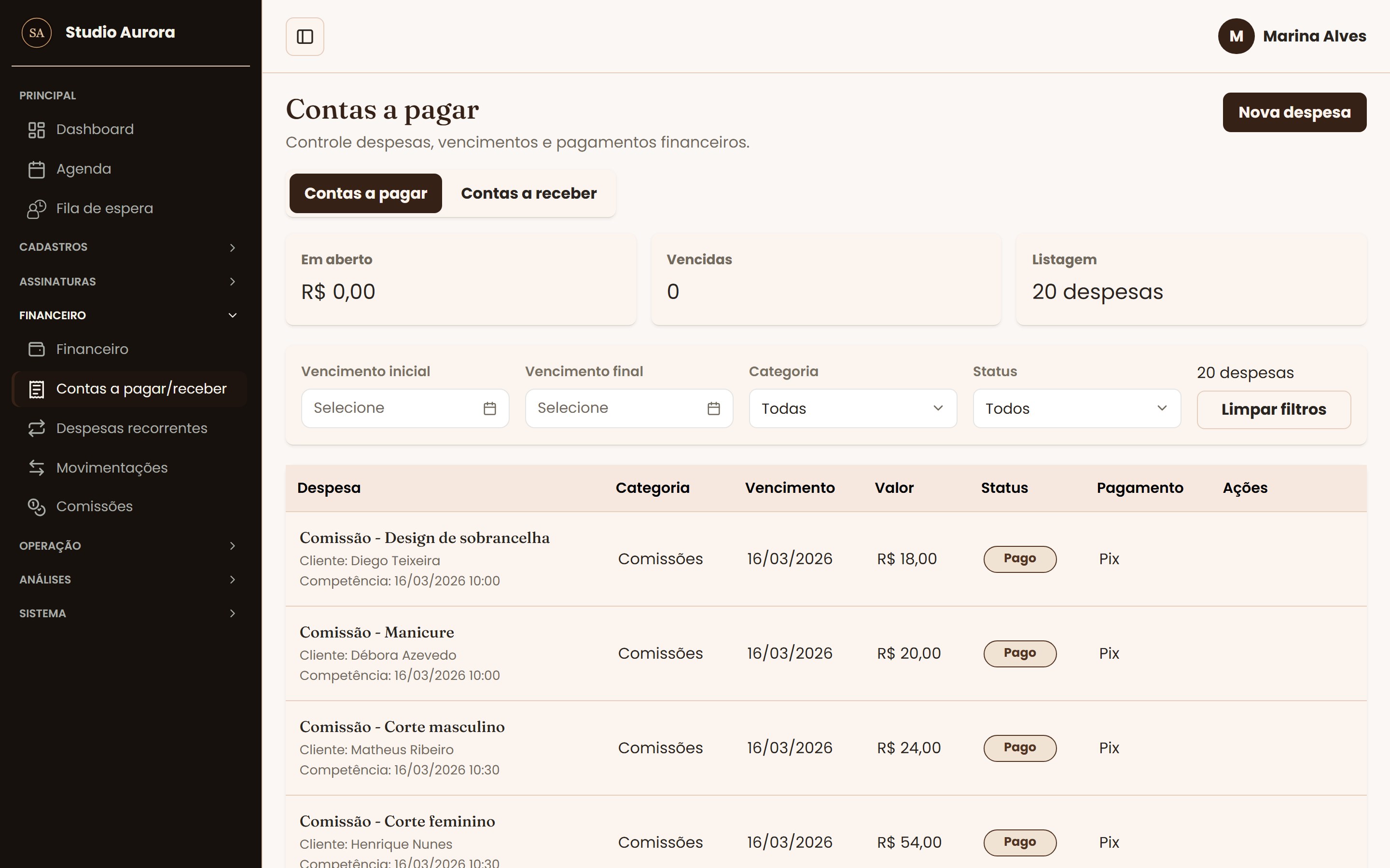Tela Contas a pagar e a receber do sistema de gestão HL Gestão
