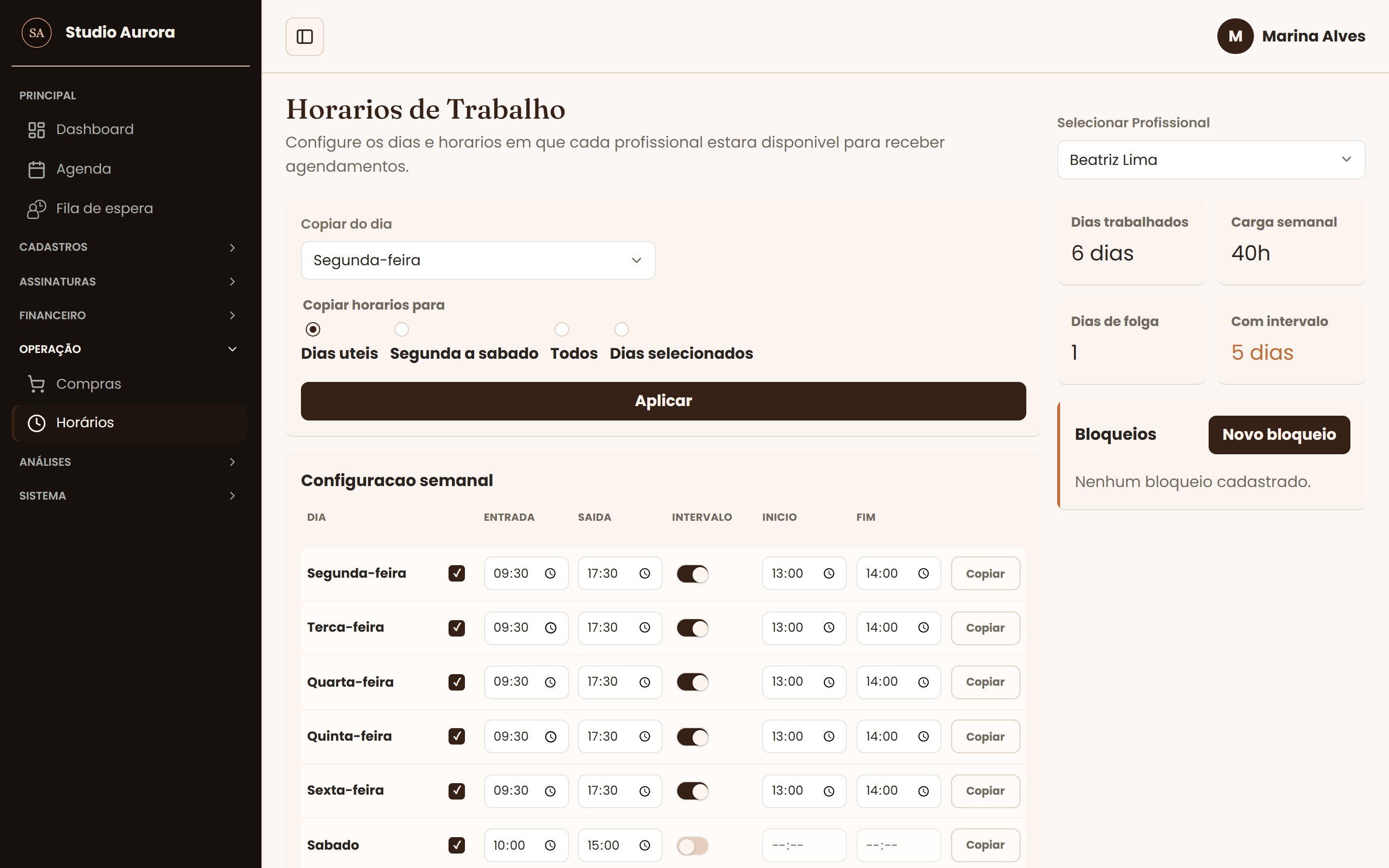 Tela Horários e bloqueios do sistema de gestão HL Gestão