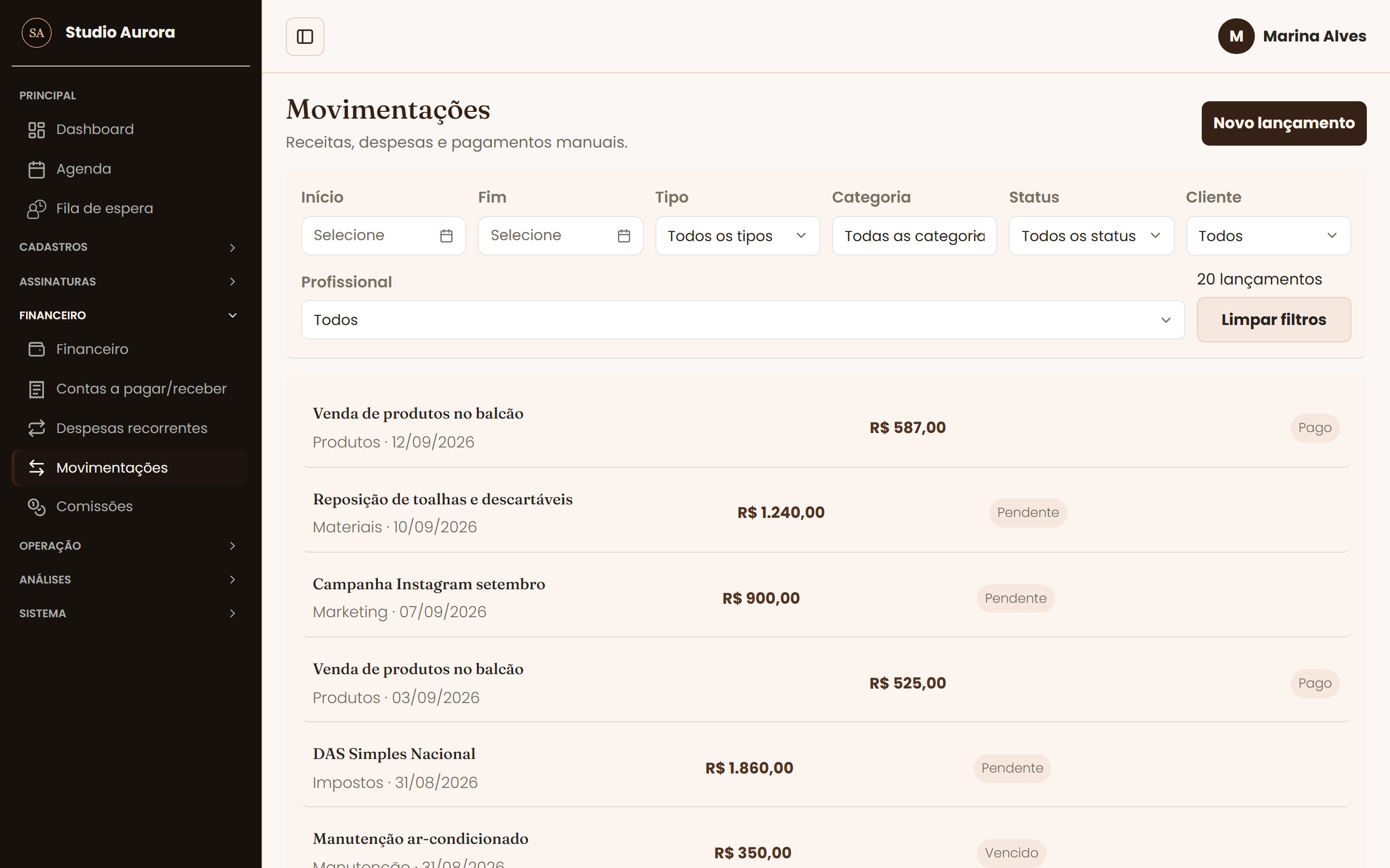 Tela Movimentações do sistema de gestão HL Gestão