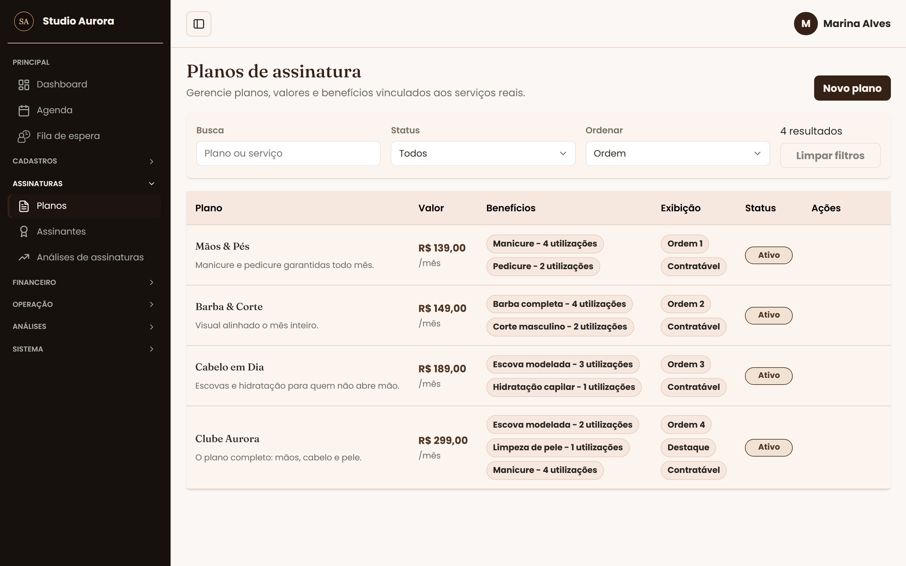 Tela Planos de assinatura do sistema de gestão HL Gestão