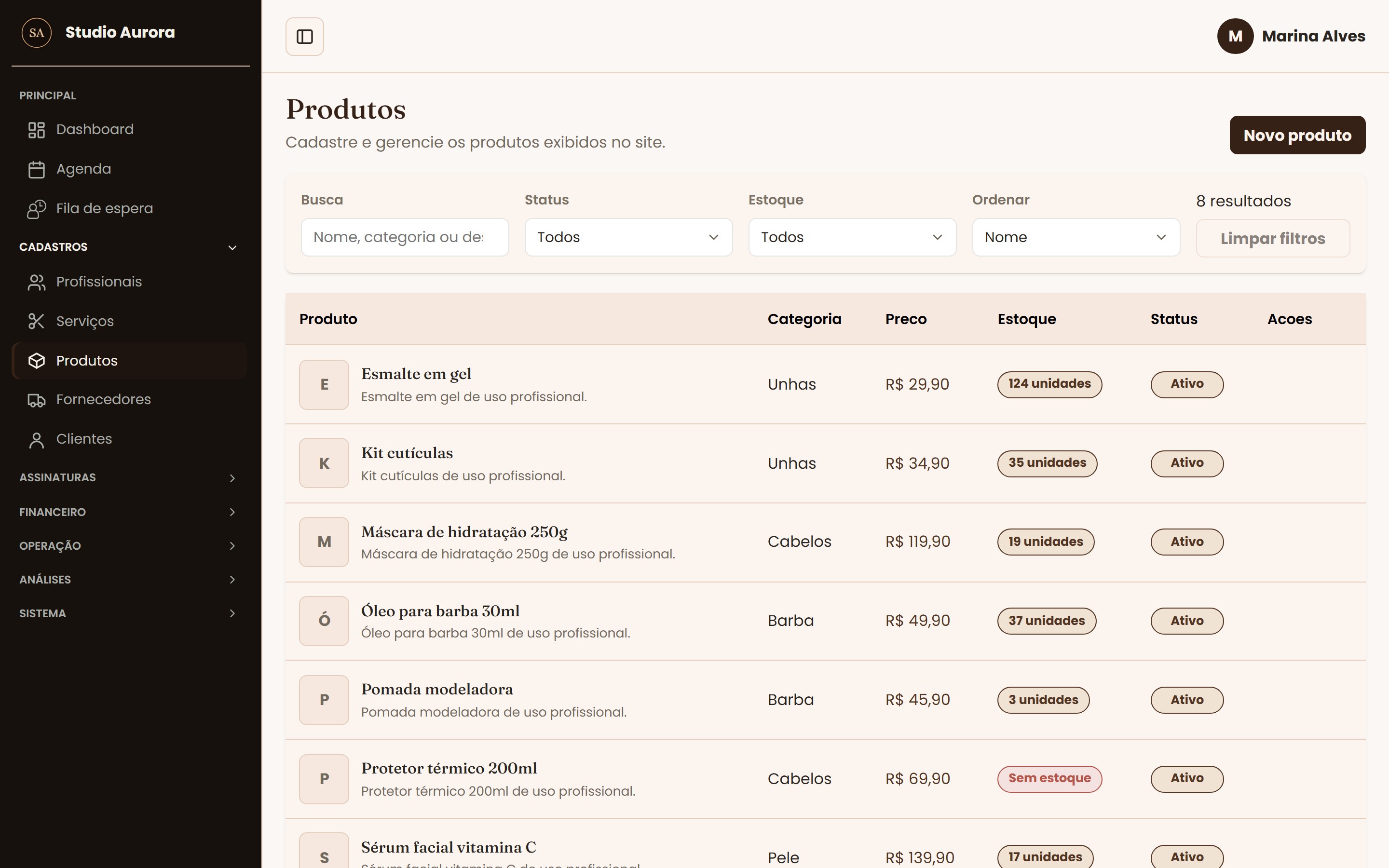 Tela Produtos e estoque do sistema de gestão HL Gestão