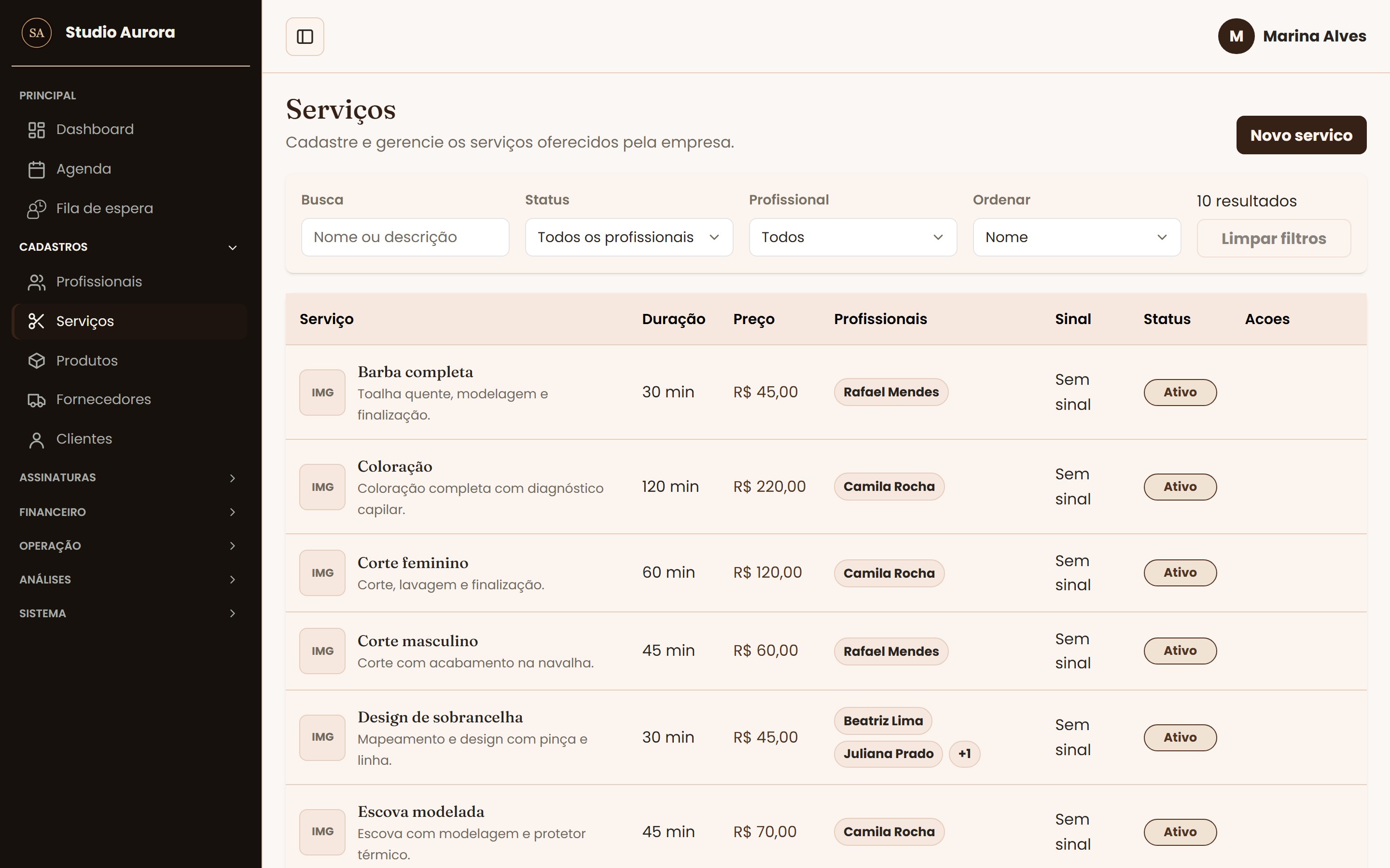 Tela Serviços do sistema de gestão HL Gestão